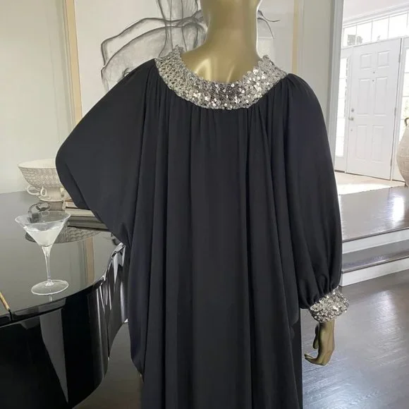 Vintage GLAM 70s Caftan Sequin Trimmed Maxi Dress 1970s Lounge Wear S-M-L - Picture 9 of 11